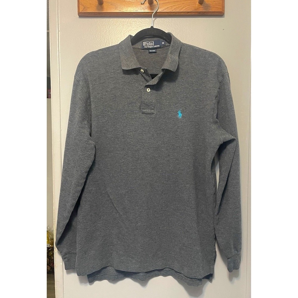 Polo Ralph Lauren Mens Gray Solid Logo Long Sleeve Collared Polo Shirt M